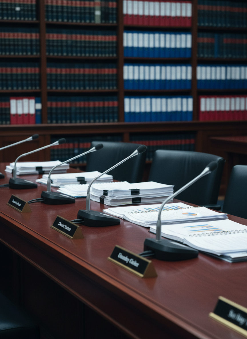 A close-up, eye-level photographic shot of a polished wooden conference table inside a legislative hearing room, covered with neat stacks of documents, open reports with charts, nameplate stands turned away from the camera, and a row of turned-off microphones. Behind the table, blurred shelves of reference books and binders suggest depth and institutional history. Cool, even overhead lighting casts subtle reflections on the table’s surface and metallic microphone bases, creating a balanced, professional atmosphere. The composition centers the leading edge of the table, drawing the viewer’s eye into the scene, evoking serious analysis and debate about government decisions and social policy.