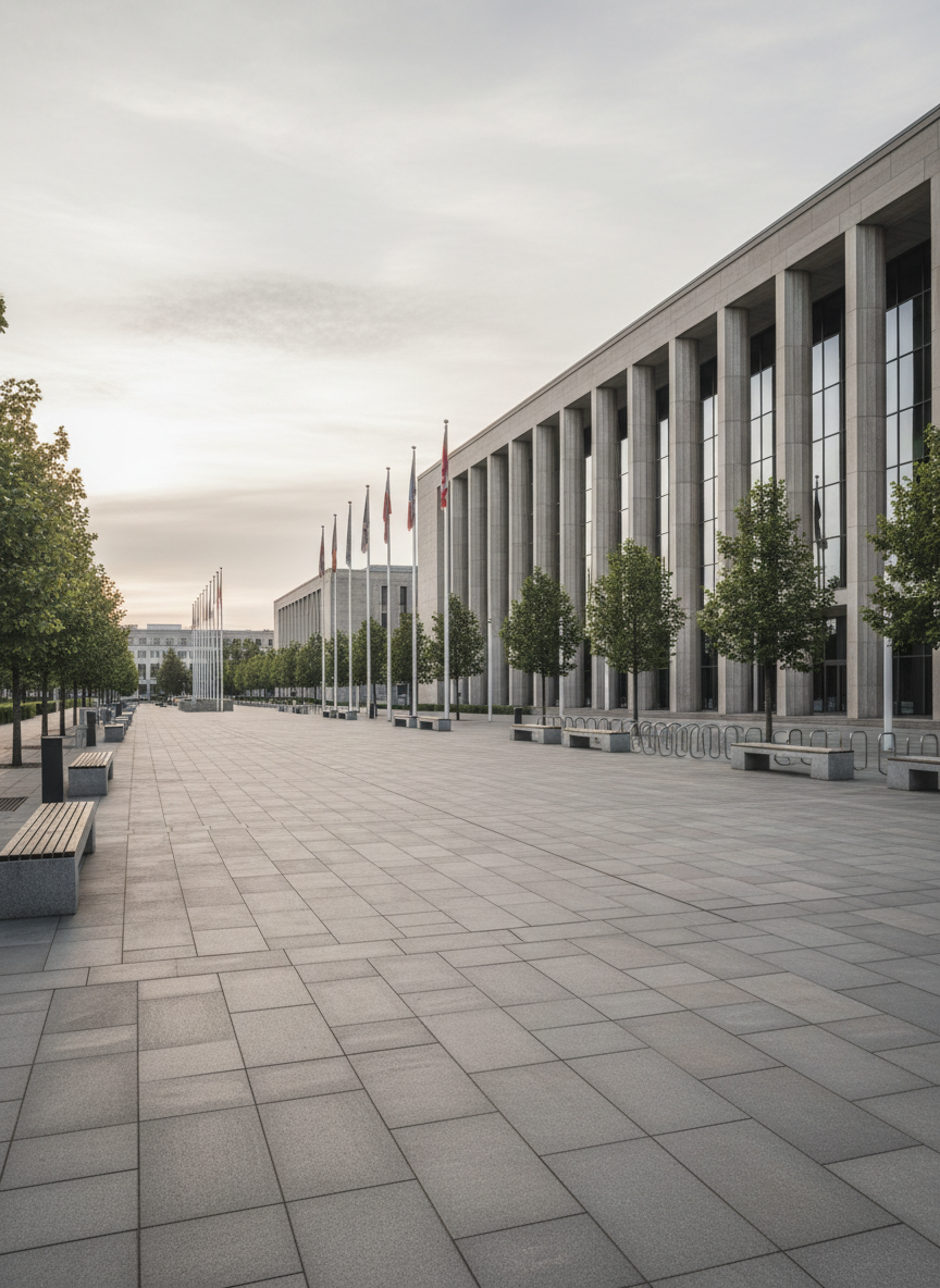 A wide, eye-level photographic view of a modern government district at dawn, featuring a broad stone plaza leading toward an imposing civic building with tall columns and glass facades. Empty benches, metal bike racks, and neatly trimmed trees line the walkway, with muted national flags hanging still in the background. Soft overcast morning light creates gentle, diffuse shadows and a neutral color palette of grays, beiges, and soft greens, emphasizing a calm, serious mood. The composition follows the rule of thirds, with the main building slightly off-center and sharp focus throughout, giving a documentary, authoritative feel suitable for op-eds on governance and public policy.