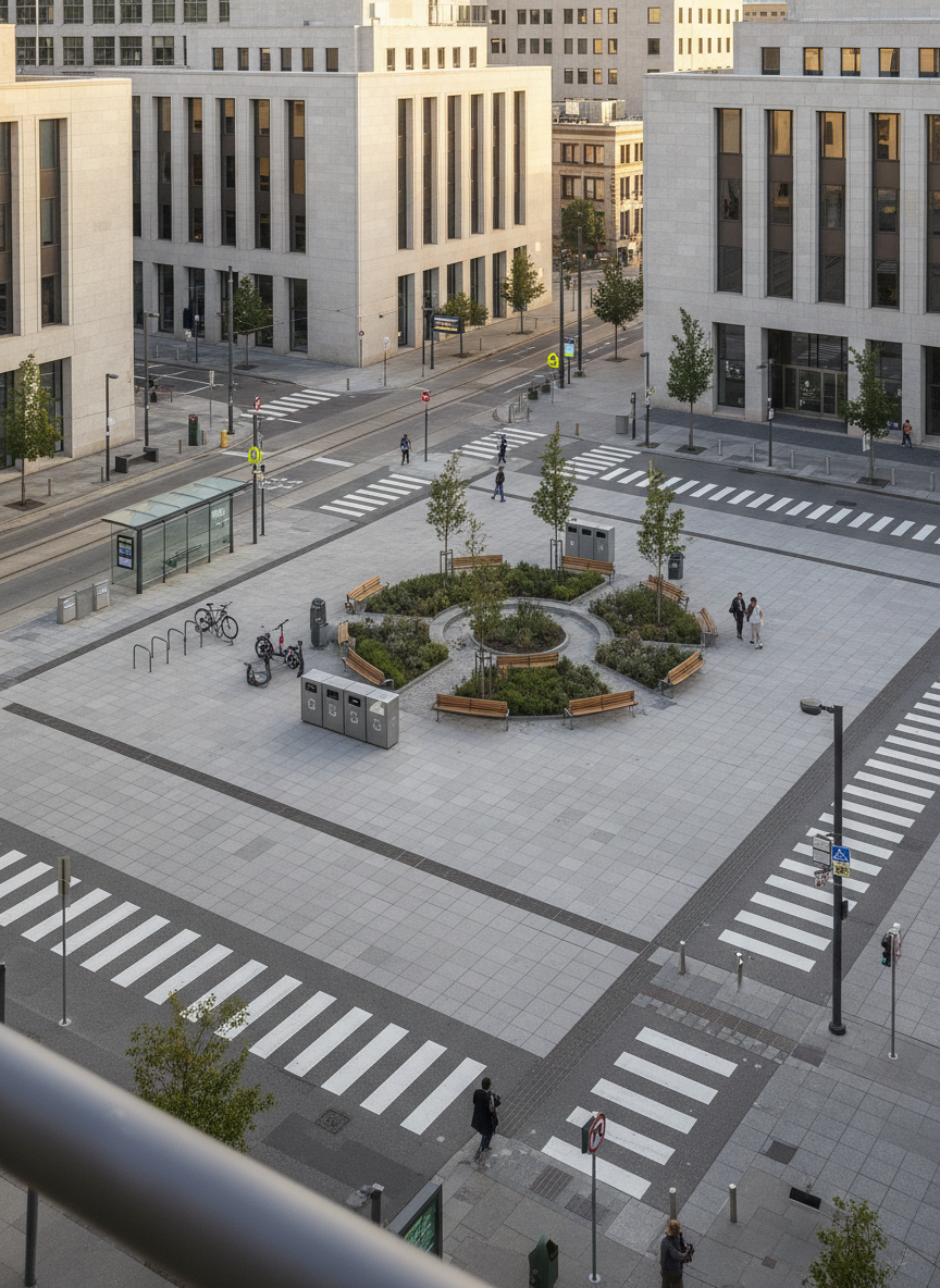 An elevated, wide-angle photographic scene of an urban public square framed by municipal buildings, public transit stops, and a small landscaped garden in the center. Recycling bins, bike stands, and traffic signage subtly reference civic infrastructure and social issues. Soft late-afternoon light creates long, gentle shadows and a warm yet restrained tone. The camera looks down from a nearby balcony, capturing clean lines of pavement and crosswalks in an orderly grid, with crisp focus across the frame. The mood is observant and analytical, suitable for op-ed discussions of city planning, public services, and community equity without sensationalism.