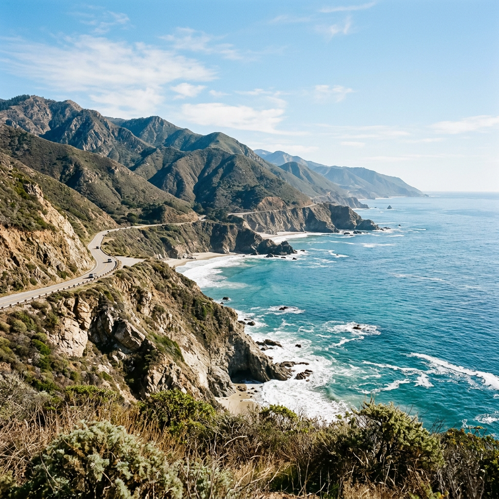 Winding road along rocky coastal cliffs overlooking ocean waves